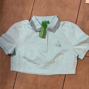 Nwt United Colors of Benetton Light Blue cropped Polo Shirt size small em cherr